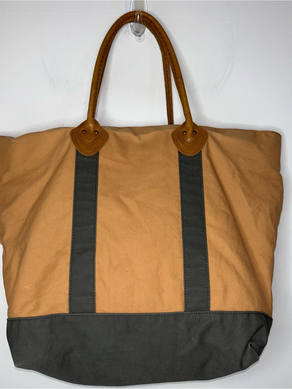 LL Bean Leather Handles Tote Bag Canvas Plaid Lined Brown Green Boat Vintage 90s - Picture 3 of 12